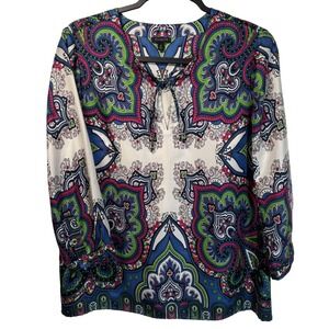 Talbots Women's 100% Silk Blouse, Vibrant Paisley Medallion Print‎ Art, Size 10